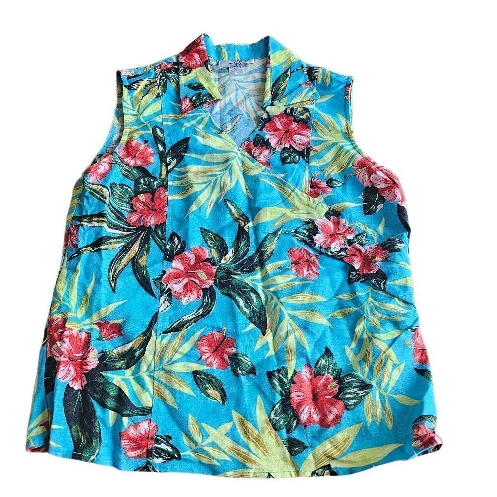 Vintage versailles womens Sz10 blue multicolor floral Hawaiian shirt linen blend
